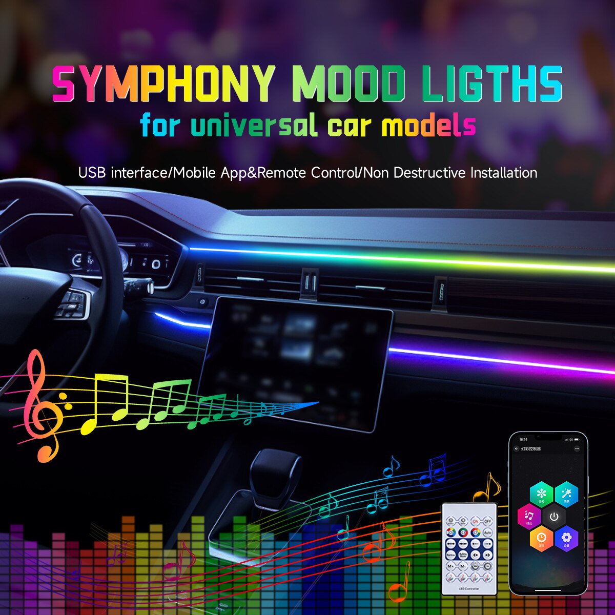 Led Ambient Interior Car Lights App Control - Lampu LED Strip Akrilik 64 Warna